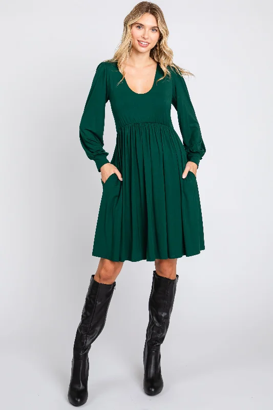 Forest Green Long Puff Sleeve Dress