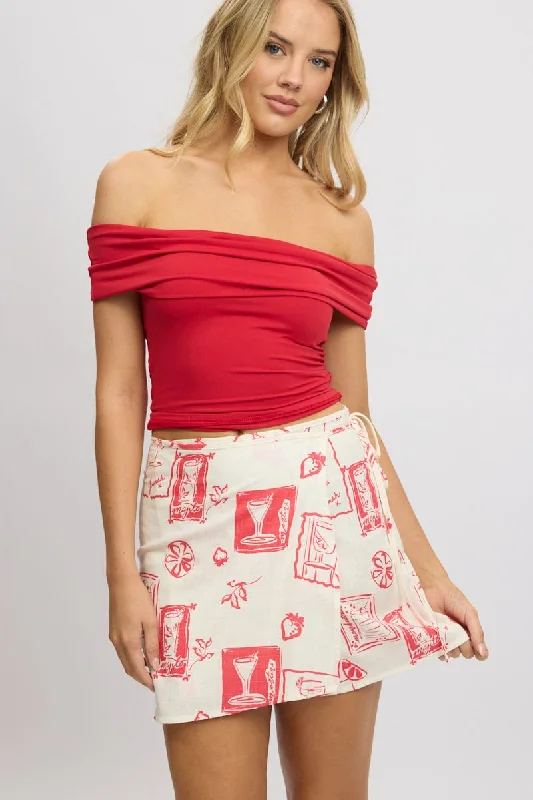 Modern Women's Clothes White Abstract Wrap Skirt High Rise Mini Linen Blend