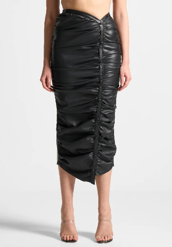 Women's Sporty Chic Clothes Leather Ruched Midaxi Skirt - Black