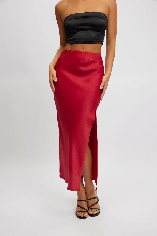 Women's Plus-Size Apparel Red Slip Skirt High Waist Front Split Midaxi Satin