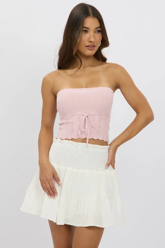 Comfortable Outfit For Women White Mini Skort Skirt Shirred Waist Cotton Textured Lined Comfortable Outfit For Women White Mini Skort Skirt Shirred Waist Cotton Textured Lined