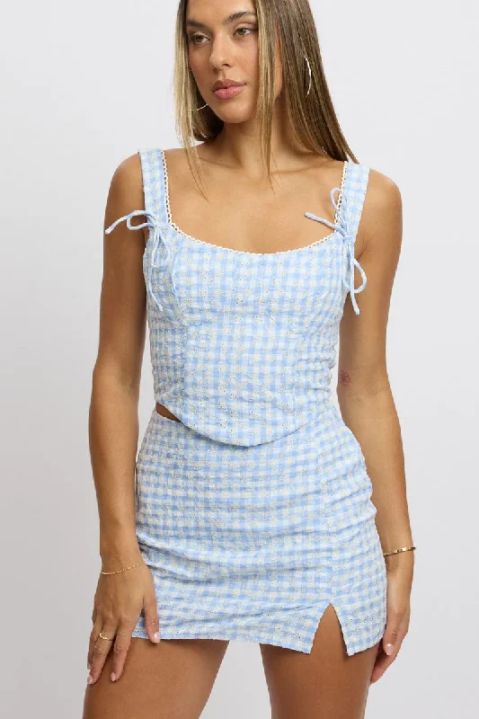 Women's Outerwear Attire Blue Check Mini Skirt High Rise Split
