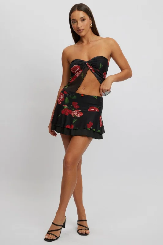 Women's Tops And Clothing Black Floral Mini Skirt Elasticated Waist Skater Layered Mesh Women's Tops And Clothing Black Floral Mini Skirt Elasticated Waist Skater Layered Mesh