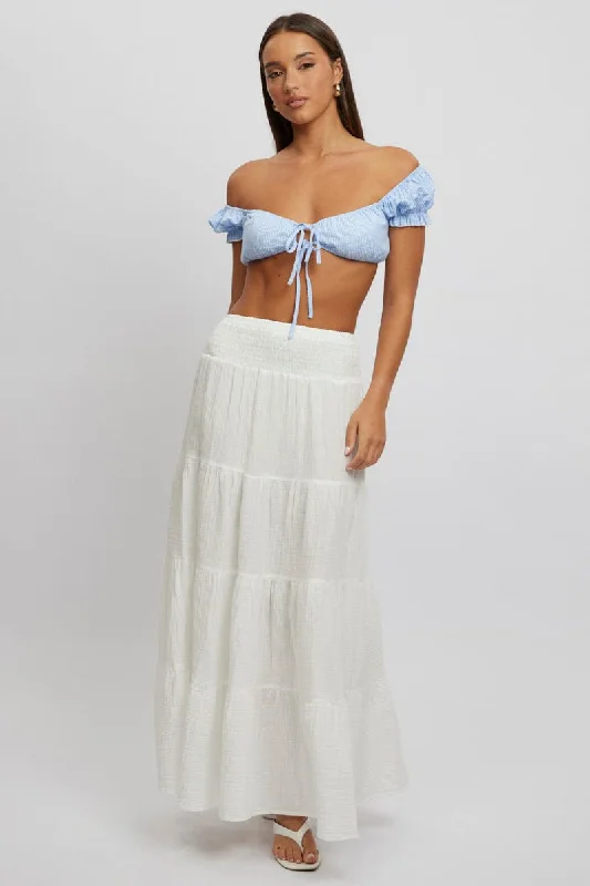 End Of Season Sale Clothing White Maxi Skirt Shirred Waist Tiered Relaxed Fit