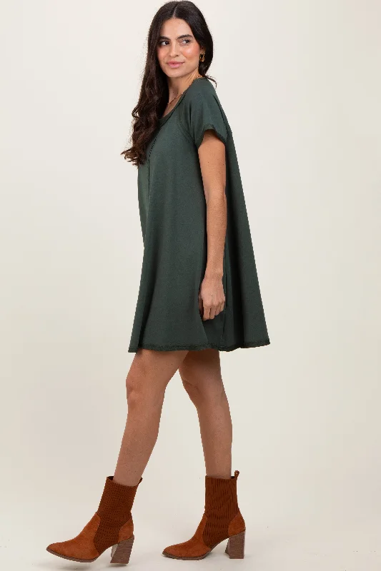 High-End Women's Apparel Forest Green French Terry Basic Short Sleeve Mini Dress
