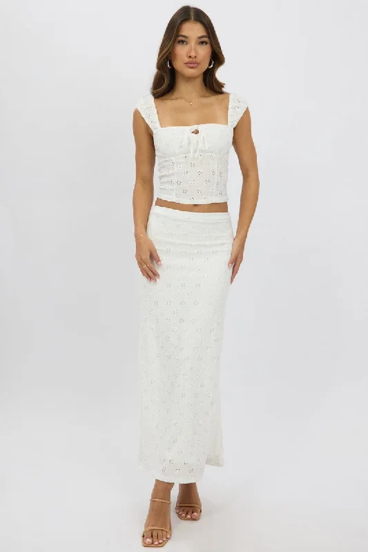 High Street Women's Fashion for Trendy Shoppers White Midaxi Skirt High Rise Stretch Eyelet High Street Women's Fashion for Trendy Shoppers White Midaxi Skirt High Rise Stretch Eyelet