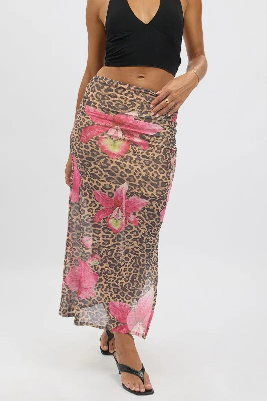 Effortless Chic for Women Multi Animal Print Midaxi Skirt High Rise Ruched Lined Mesh Effortless Chic for Women Multi Animal Print Midaxi Skirt High Rise Ruched Lined Mesh
