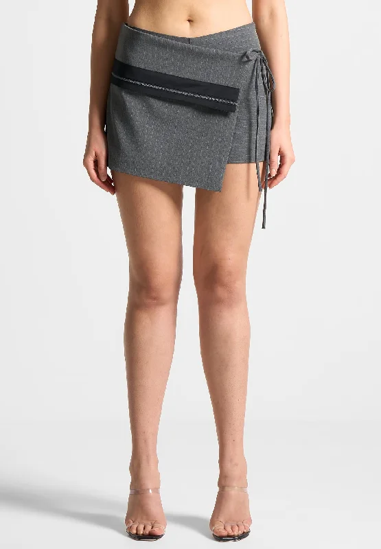 Women's Everyday Clothes Pinstripe Tailored Mini Skort with Tie - Grey