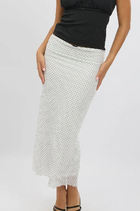 Women's Clothes White Polka Dot Mesh Skirt Elasticated Picot Trim Midaxi