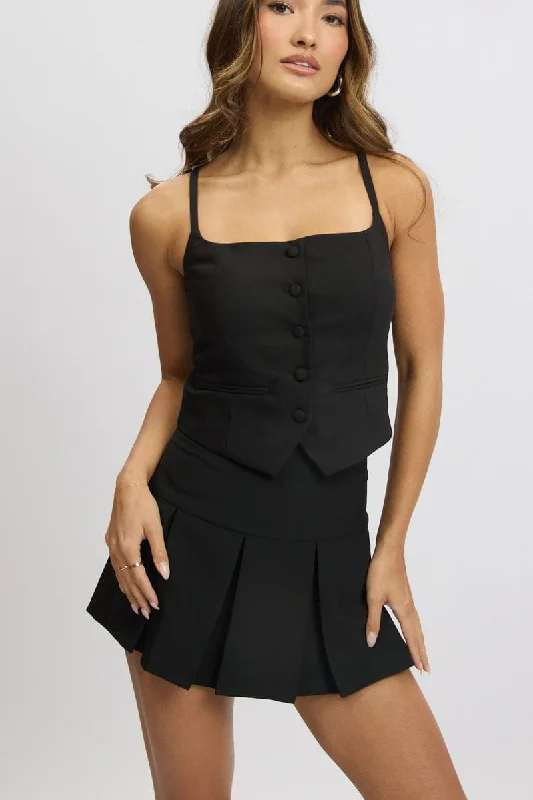 Versatile Women's Fashion Black Mini Skort Skirt High Rise Box Pleat Lined