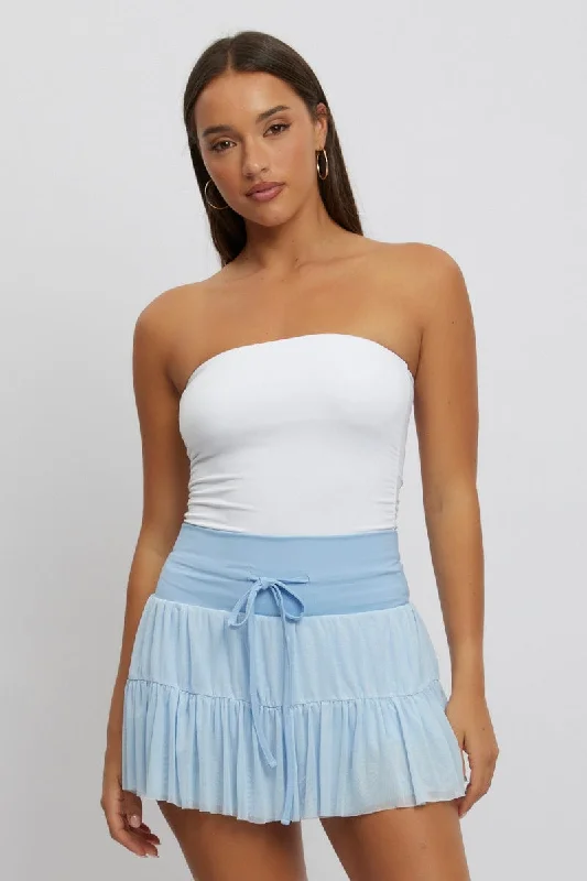 Fashionable Women's Clothing Blue Flare Skort Skirt High Rise Mini Mesh Tiered