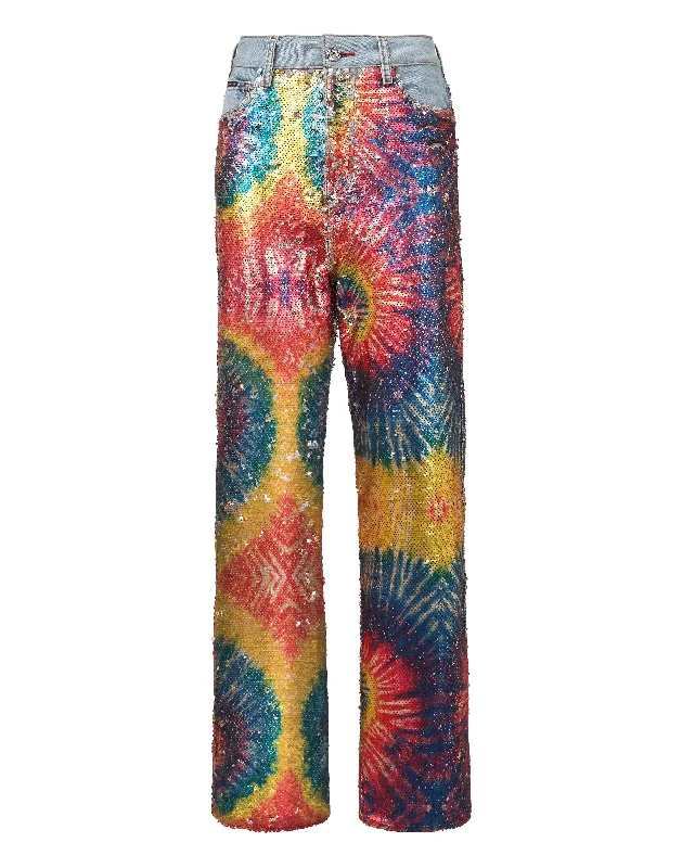 Women's Elegant Evening Attire Denim Super Loose Fit Paillettes Multicolor Tie dye