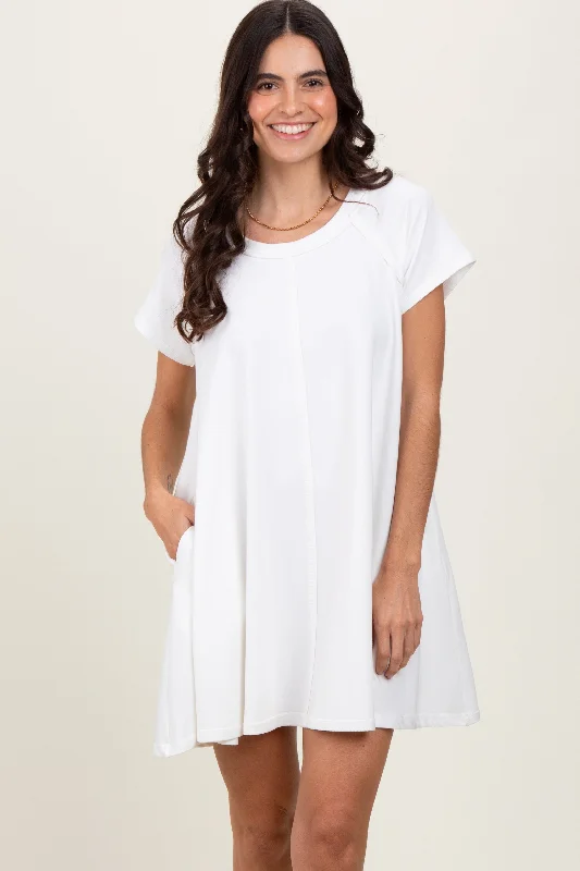 Elegant Women's Clothing Ivory French Terry Basic Short Sleeve Mini Dress
