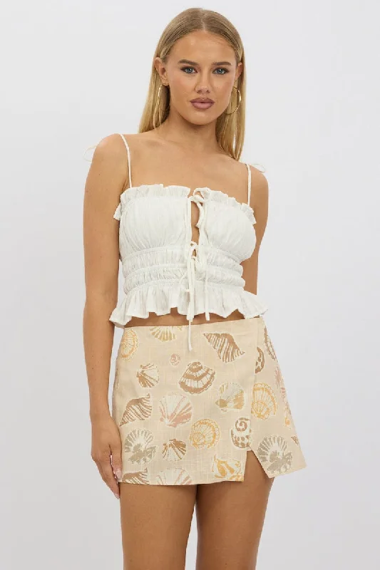 Women's Stylish Vacation Attire Beige Abstract Mini Skort Skirt High Rise Linen Blend Lined