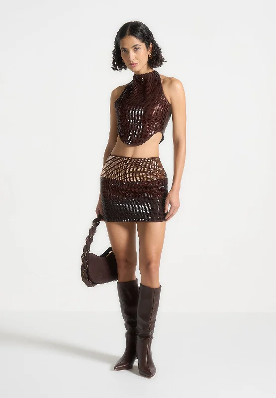 Women's Clothes Rhinestone Ombre Mini Skirt - Brown/Gold