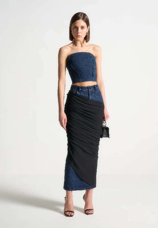 Top 10 Women's Online Clothing Stores Draped Mesh Denim Maxi Skirt - Indigo