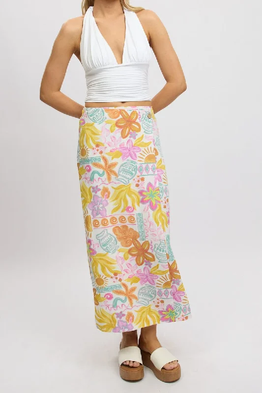 Clothing For Women White Abstract Wrap Skirt High Waisted Midaxi