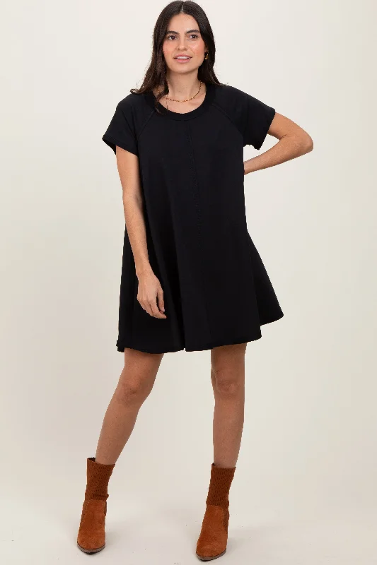Contemporary Women's Clothing Black French Terry Basic Short Sleeve Mini Dress