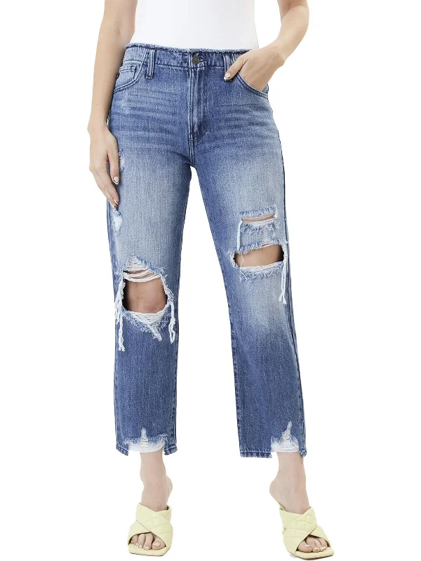 Womens Distressed Denim Straight Leg Jeans