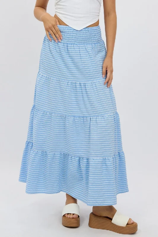 Flash Discount Blue Stripe Maxi Skirt Shirred Waist Tiered Relaxed Fit