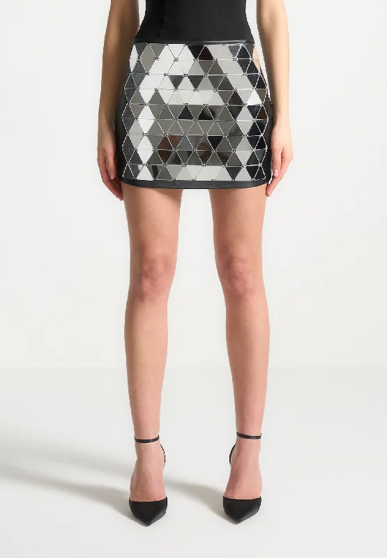 Women's High-End Clothing Leather Mirrored Mini Skirt - Silver/Black