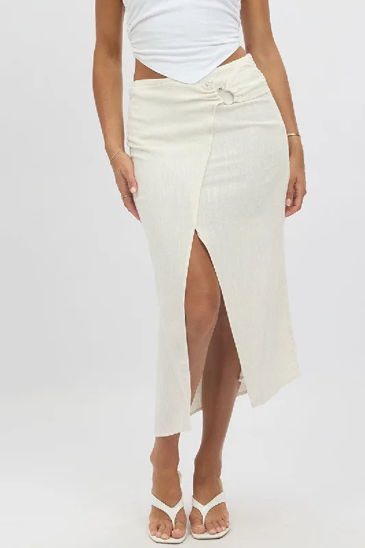 Designer Women's Fashion Online Beige Midaxi Skirt Buckle Detail Linen Blend