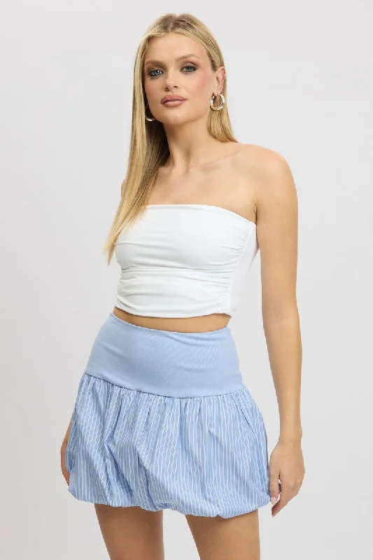 Stylish Dresses for Women Blue Stripe Bubble Skirt High Rise Rib Waist Mini Balloon