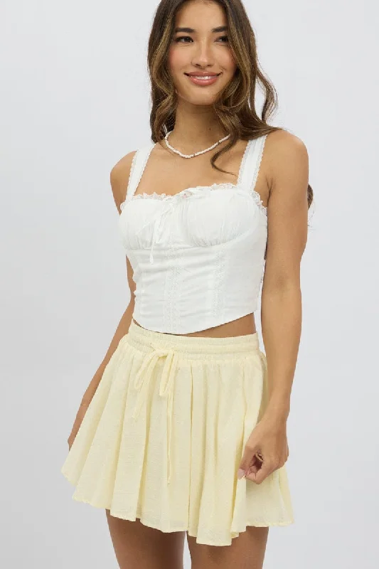 Women's Elegant Evening Outfit Yellow Mini Skirt Elastic Waist Volume Textured Cotton Women's Elegant Evening Outfit Yellow Mini Skirt Elastic Waist Volume Textured Cotton