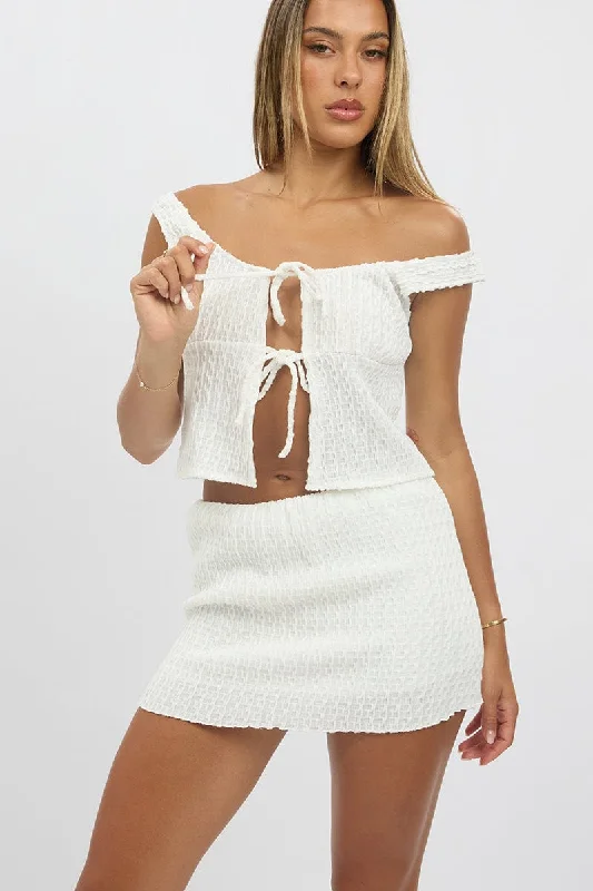 Women's Elegant Formal Outfit White Mini Skirt Elasticated Waist Textured Lined