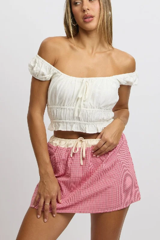 Women's Clothes For Outdoor Events Red Check Mini Skirt Elasticated Waist Satin Contrast Women's Clothes For Outdoor Events Red Check Mini Skirt Elasticated Waist Satin Contrast