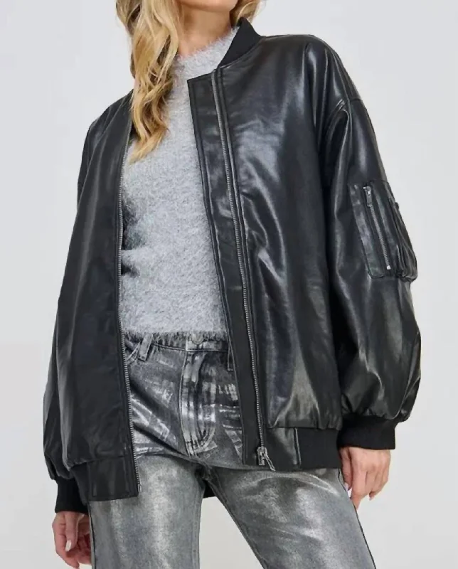 Sales For Clothes Zip Up Pockets Pu Faux Leather Bomber Jacket In Black
