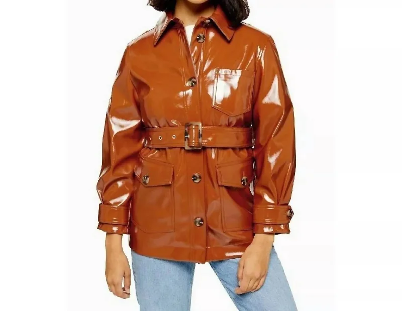 Women's Elegant Formal Outfit High Gloss Patent Belted Coat In Brown