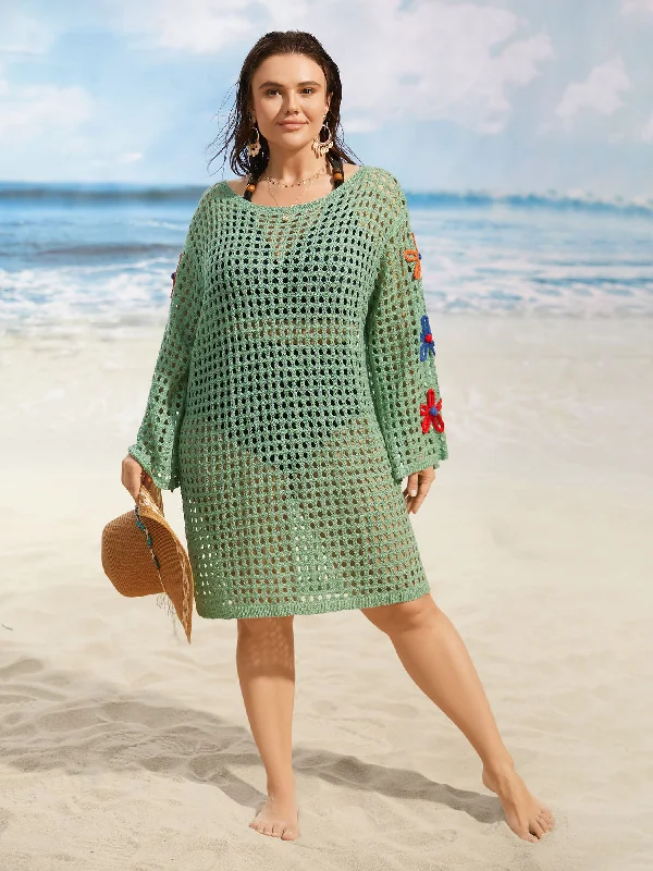 Affordable Women's Apparel Boat Neck Crochet Floral Cut Out Swim Cover Up