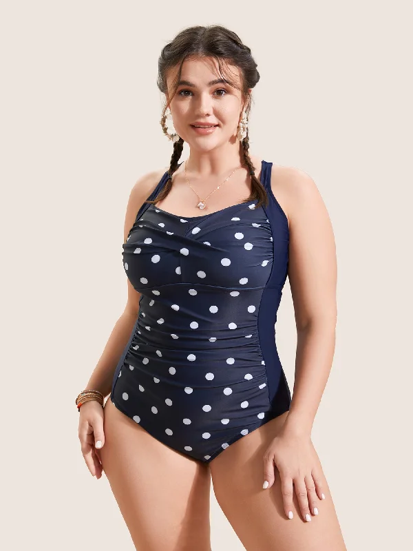 Polka Dot Patchwork Crossover One Piece Swimsuit