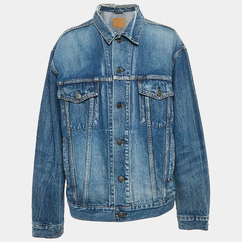 Timeless Women's Fashion Styles Balenciaga Blue Logo Print Ripped Collar Denim Oversized Jacket M Timeless Women's Fashion Styles Balenciaga Blue Logo Print Ripped Collar Denim Oversized Jacket M