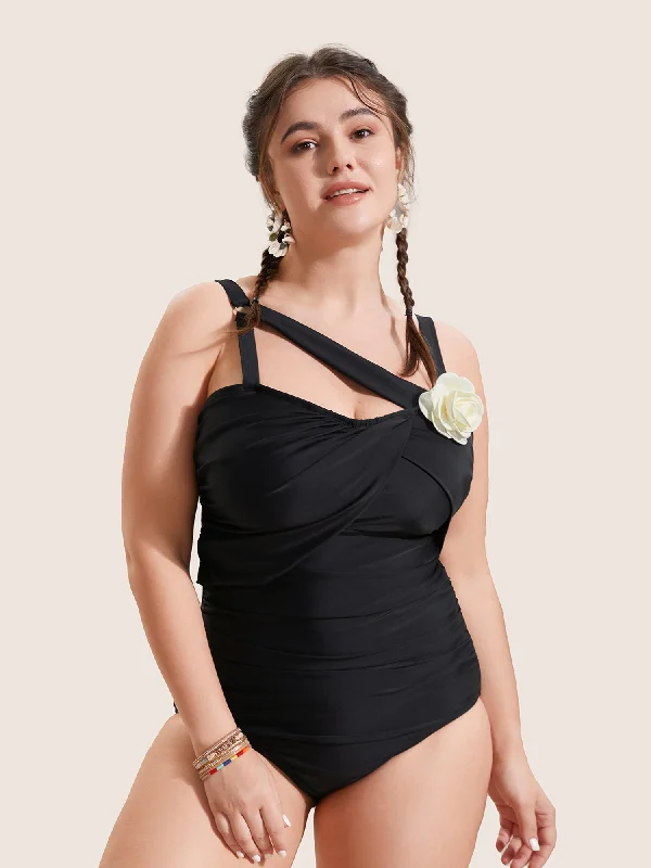 Stereo Flower Asymmetrical Ruched One Piece Swimsuit