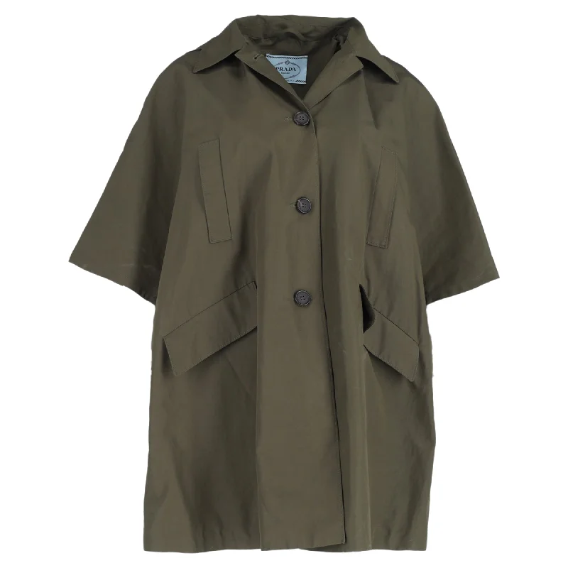 Clothes For Woman Prada Buttoned Hooded Short Sleeve Parka Jacket in Olive Cotton
