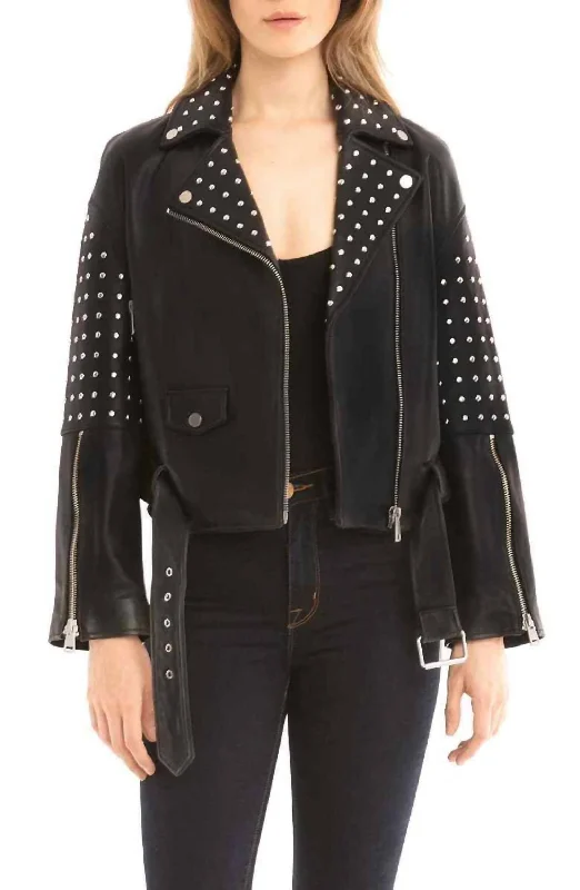 Belted Studded Moto Biker Asymmetrical Leather Jacket In Black