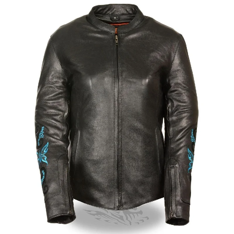 Women's Clothing Outfit Set Milwaukee Leather ML2071 Women's Black Leather Jacket with Turquoise Butterfly Design Women's Clothing Outfit Set Milwaukee Leather ML2071 Women's Black Leather Jacket with Turquoise Butterfly Design