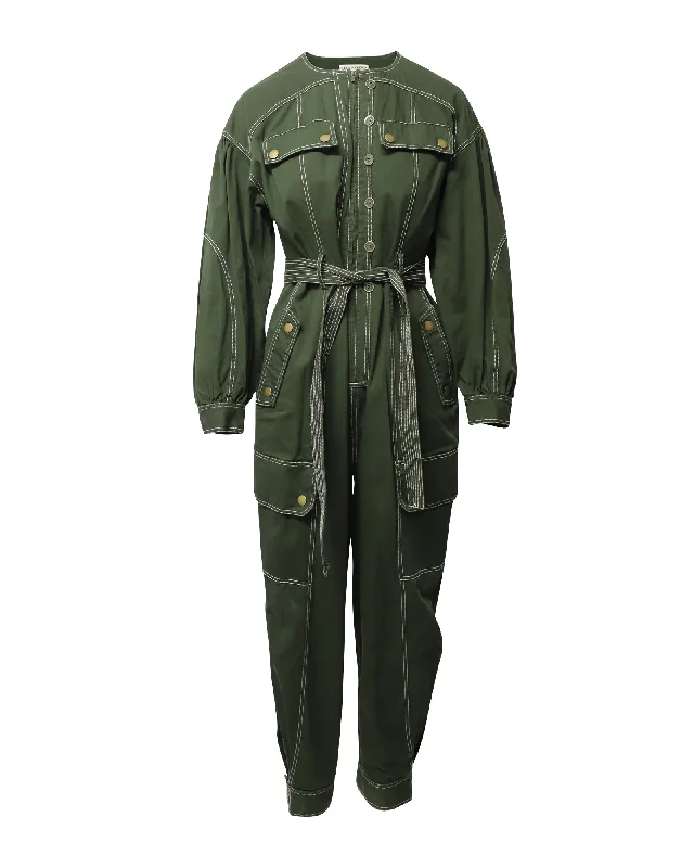 Women's Transitional Attire Ulla Johnson Leo Contrast Stitching Jumpsuit in Green Cotton Women's Transitional Attire Ulla Johnson Leo Contrast Stitching Jumpsuit in Green Cotton