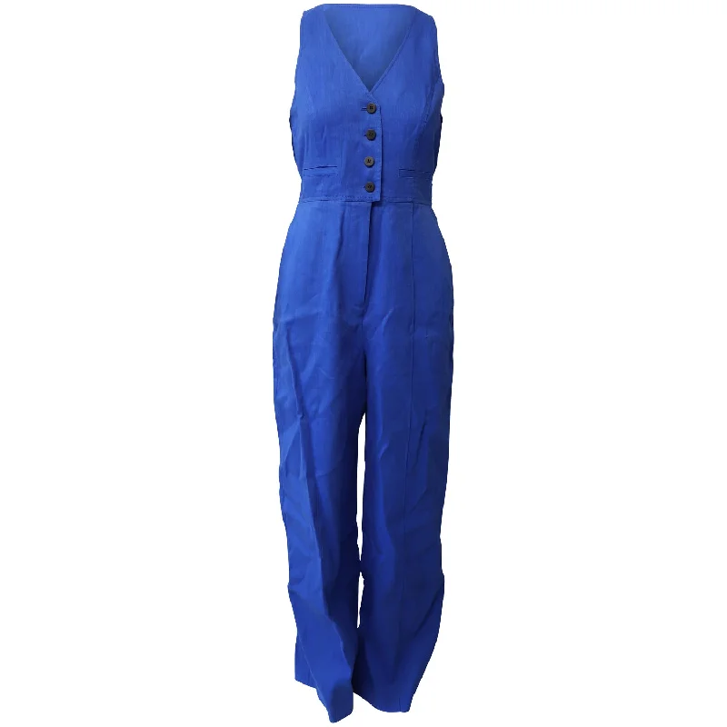 Women's Clothing For Outdoor Activities Diane Von Furstenberg Button Up Fitted Jumpsuit in Blue Linen Women's Clothing For Outdoor Activities Diane Von Furstenberg Button Up Fitted Jumpsuit in Blue Linen