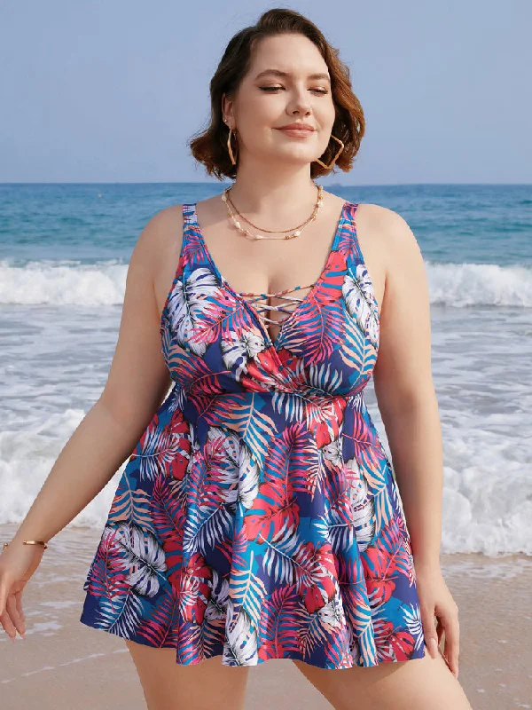 Tropical Print Wrap Ruffles Crisscross Swim Dress