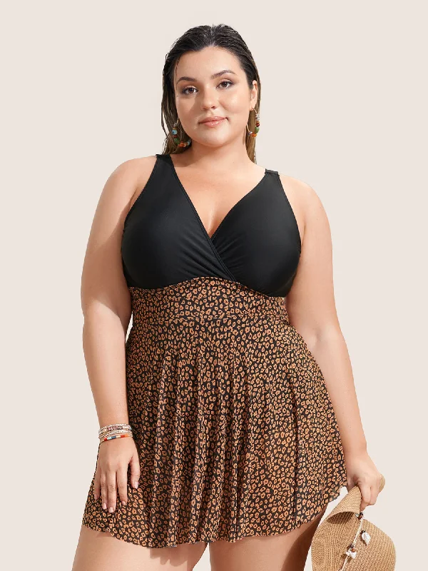 Women's Seasonal Garments V Neck Leopard Print Patchwork Swim Dress