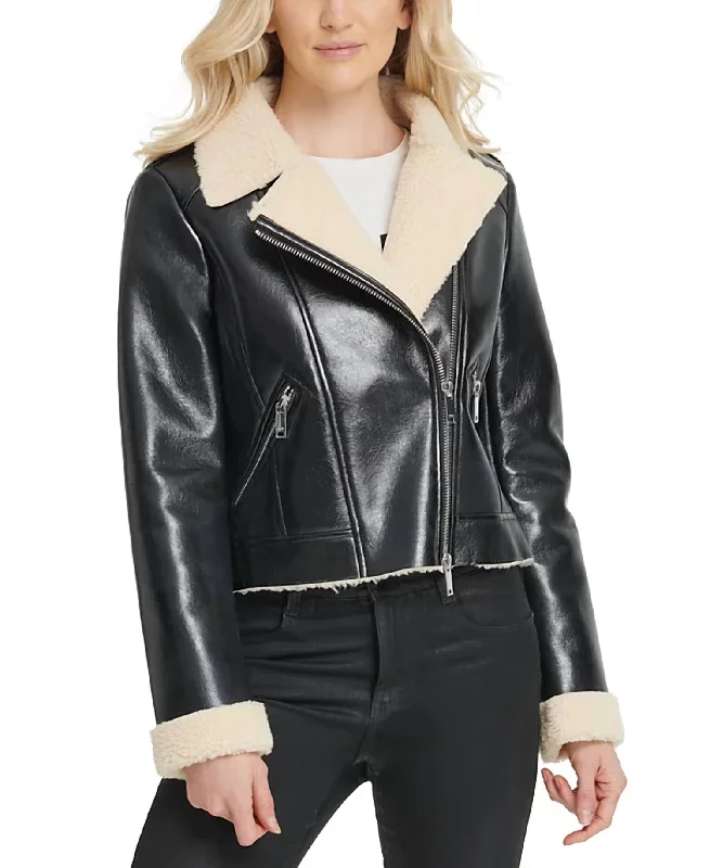 New Arrival Discount Faux Shearling Motorcycle Jacket In Black