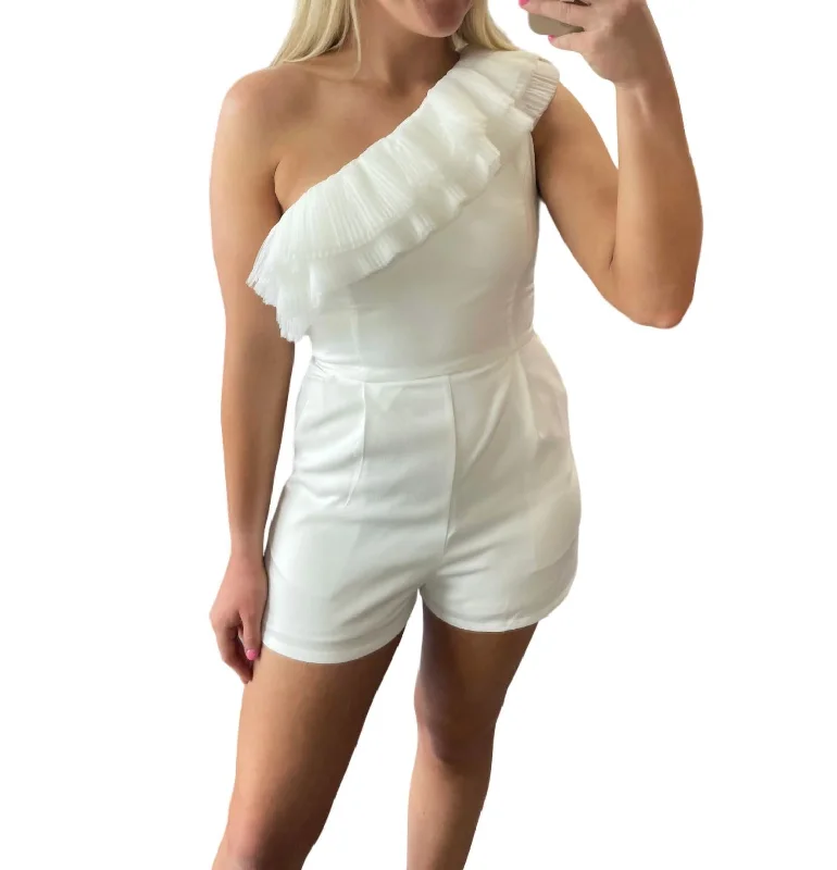 Pleated Detail One Shoulder Romper In White