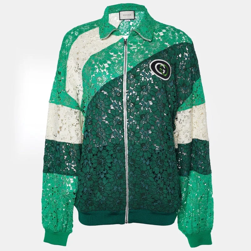 Relaxed Fit Women's Fashion Gucci Green Logo Patch Lace Panelled Track Jacket