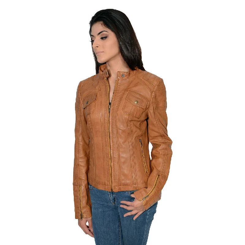 Flash Sale Or Flash Sales Milwaukee Leather SFL2805 Women's Cognac Quilted Mandarin Collar Fashion Casual Leather Jacket Flash Sale Or Flash Sales Milwaukee Leather SFL2805 Women's Cognac Quilted Mandarin Collar Fashion Casual Leather Jacket