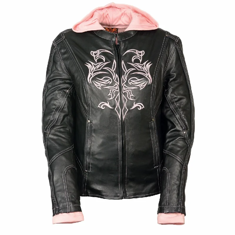 Discount Store Milwaukee Leather ML2066 Women's 3/4 Black and Pink Leather Hoodie Jacket with Reflective Tribal Design