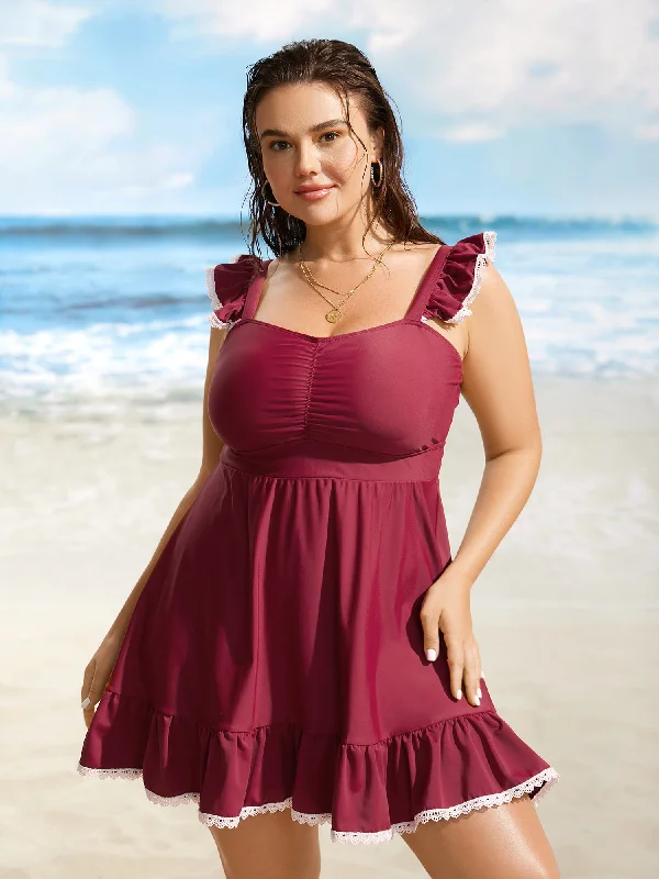 Heart Neckline Gathered Patchwork Lace Trim Swim Dress