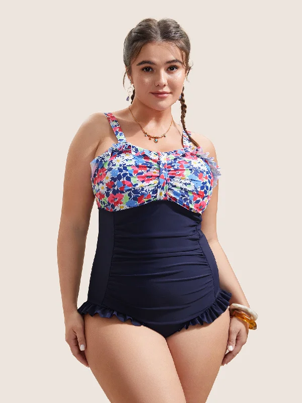 Ditsy Floral Patchwork Ruffles Gathered One Piece Swimsuit